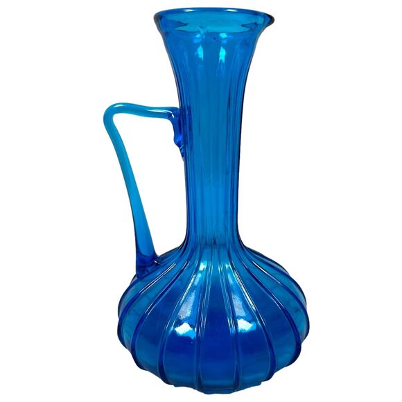 Vintage Rossini Empoli Glass Kingfisher Blue Pitcher Flower Vase Handle 60s MCM - Picture 3 of 9